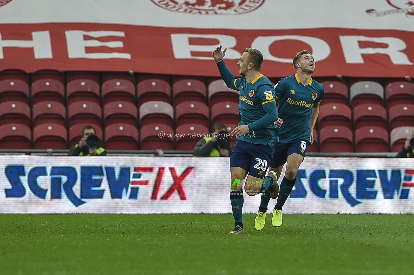 24th November 2019, Riverside Stadium, Middlesbrough, England; Sky Bet Championship, Middlesbrough v Hull City : Jarrod Bowen (20) of Hull City celebrates after scoring his team's 1st goal

Credit: Iam Burn/News Images