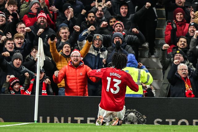 Patrick Dorgu of Manchester Untied celebrates his goal to make it 1-0 during the Premier League match Manchester United vs Newcastle United at Old Trafford, Manchester, United Kingdom, 26th December 2025

(Photo by Alfie Cosgrove/News Images)

*** GER AUT SUI OUT ***