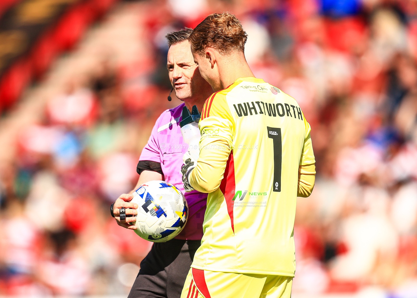 referee Ross Joyce talks to Joe Whitworth Exeter City goalkeeper during the Sky Bet League 1 match Doncaster Rovers vs Exeter City at Eco-Power Stadium, Doncaster, United Kingdom, 2nd August 2025

(Photo by Richard Bierton/News Images)