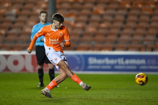 Jack Richardson of Blackpool takes a penalty during the Vertu Trophy match Blackpool vs Aston Villa U21 at Bloomfield Road, Blackpool, United Kingdom, 17th December 2024

(Photo by Craig Thomas/News Images)