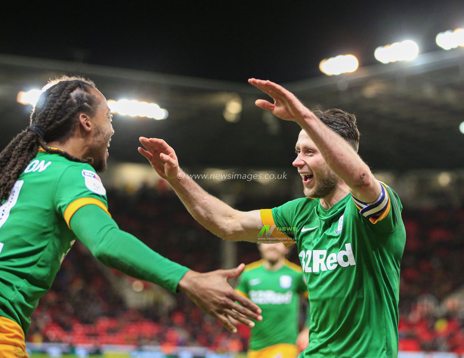 12th February 2020, Bet365 Stadium, Stoke-on-Trent, England; Sky Bet Championship, Stoke City v Preston North End : Alan Browne (8) of Preston North End celebrates scoring in the 57th minute to make it 0-1 to Preston
