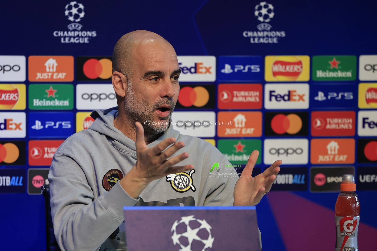 Pep Guardiola answering questions during the Press Conference - UEFA Champions League Manchester City vs Young Boys at the Joie Stadium, Manchester, United Kingdom, 6th November 2023

(Photo by Conor Molloy/News Images)