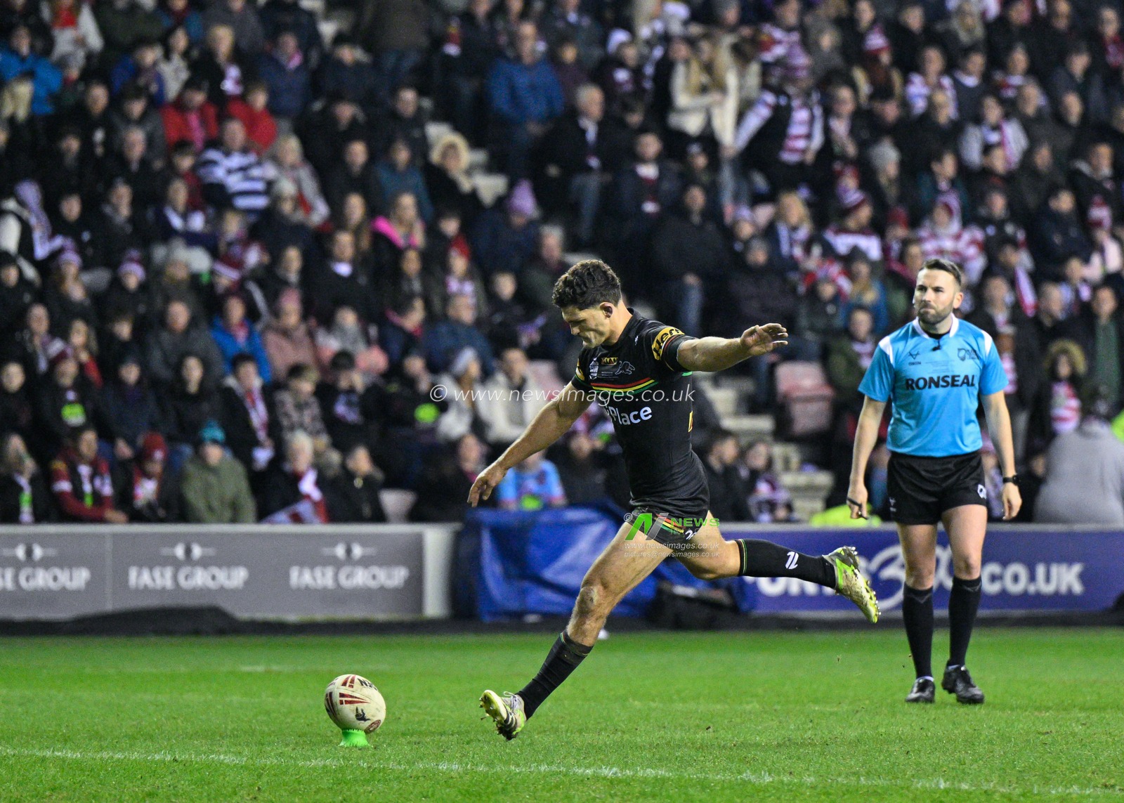 Nathan Cleary runs up to strike his conversions, during the 2024 World Club Challenge match Wigan Warriors vs Penrith Panthers at DW Stadium, Wigan, United Kingdom, 24th February 2024

(Photo by Cody Froggatt/News Images)