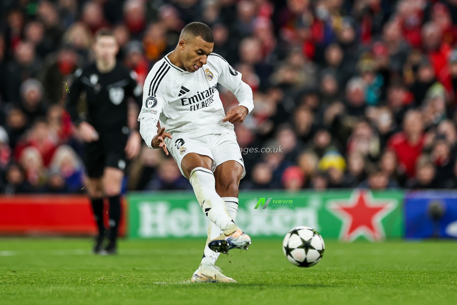 Kylian MbappÃ© of Real Madrid takes a penalty which is saved during the UEFA Champions League, League Phase MD5 Liverpool v Real Madrid at Anfield, Liverpool, United Kingdom, 27th November 2024

(Photo by Mark Cosgrove/News Images)