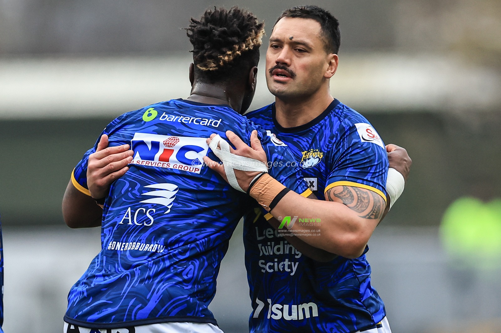 Justin Sangare #17 of Leeds Rhinos and Zane Tetevano #10 of Leeds Rhinos in the pre-game warm up session during the Betfred Super League Round 8 match Leeds Rhinos vs Huddersfield Giants at Headingley Stadium, Leeds, United Kingdom, 9th April 2023

(Photo by Mark Cosgrove/News Images)