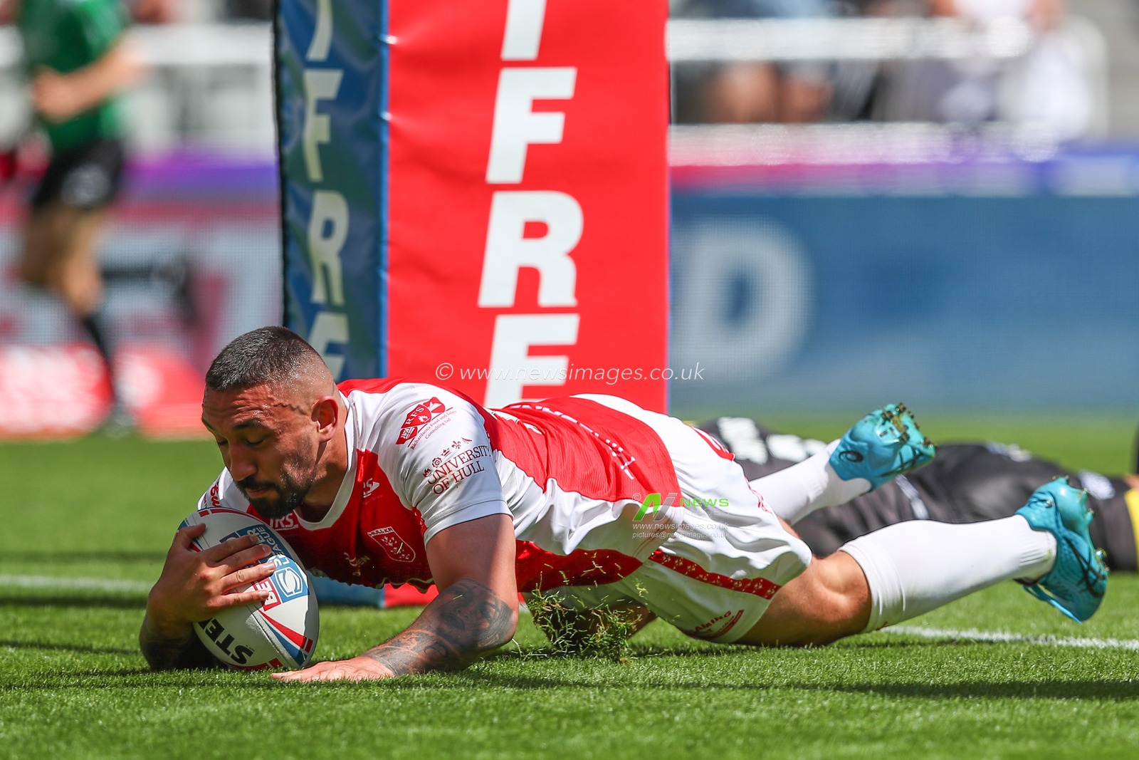 Elliot Minchella #13 of Hull KR goes over for a try and makes the score 0-4 during the Betfred Super League Magic Weekend match Salford Red Devils vs Hull KR at St. James's Park, Newcastle, United Kingdom, 3rd June 2023

(Photo by Gareth Evans/News Images)