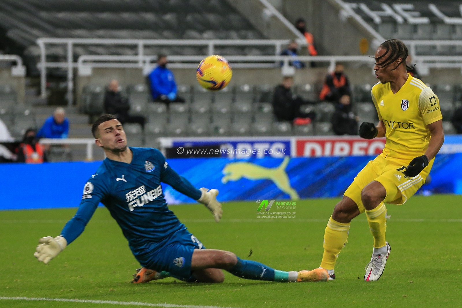 Bobby Decordova-Reid #14 of Fulham shoots at goal but Karl Darlow #26 of Newcastle United makes a save