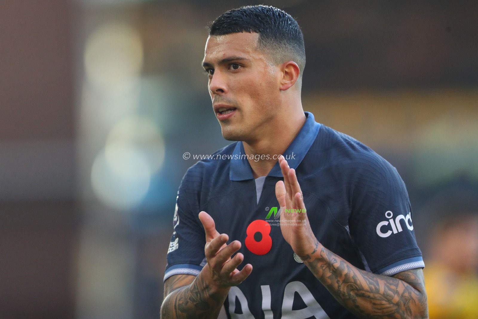 Pedro Porro #23 of Tottenham Hotspur applauds the travelling fans during the Premier League match Wolverhampton Wanderers vs Tottenham Hotspur at Molineux, Wolverhampton, United Kingdom, 11th November 2023

(Photo by Gareth Evans/News Images)