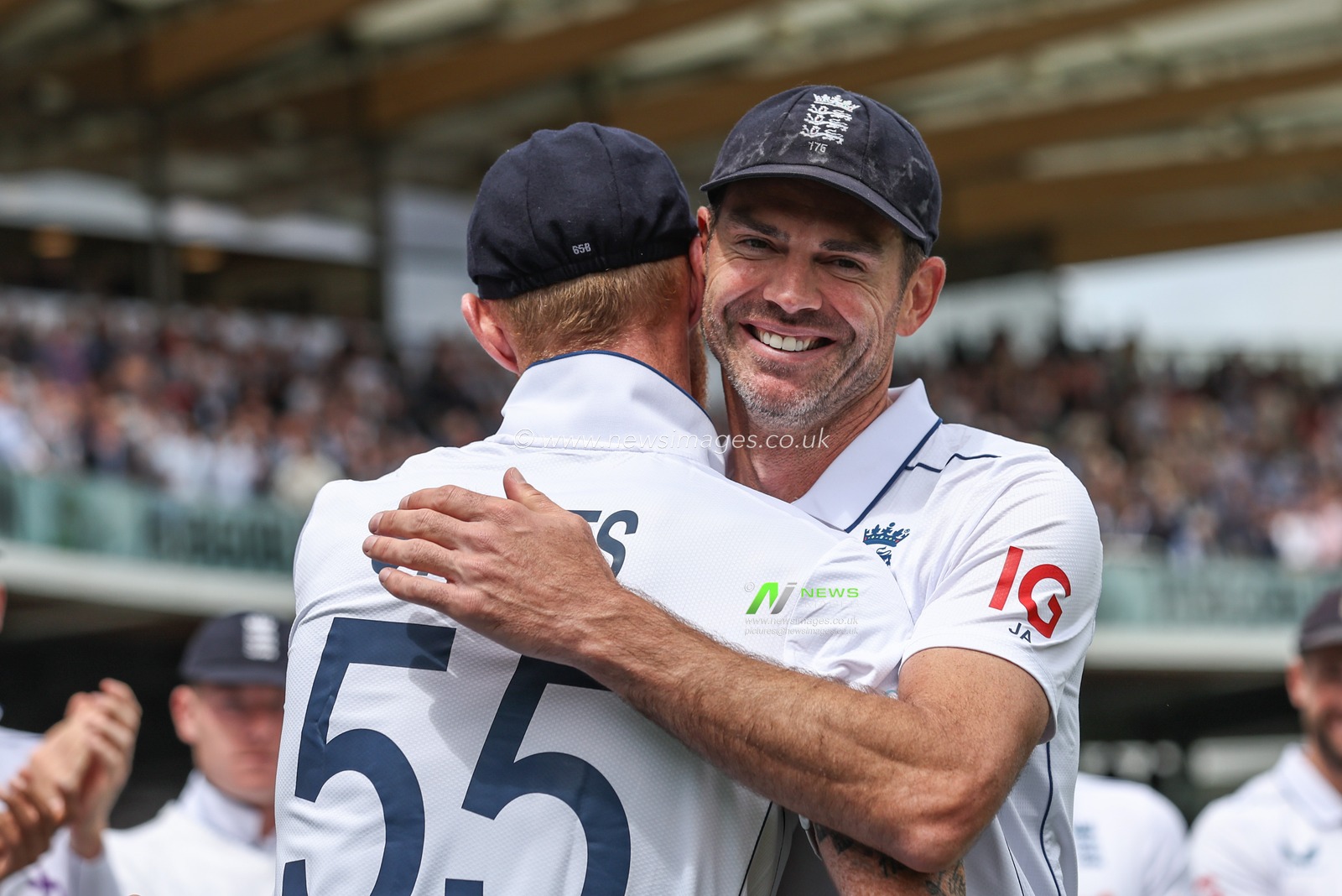 Ben Stokes of England embraces James Anderson of England after his last game for England during the Rothesay First Test Match Day Three England v West Indies at Lords, London, United Kingdom, 12th July 2024

(Photo by Mark Cosgrove/News Images)