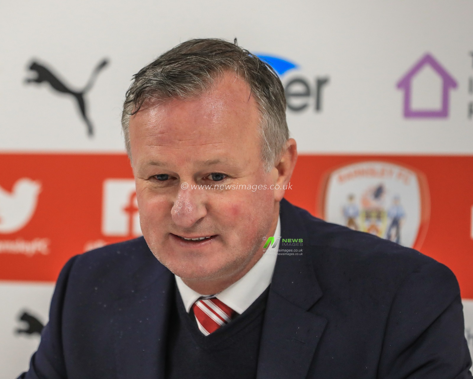 9th November 2019, Oakwell, Barnsley, England; Sky Bet Championship, Barnsley v Stoke City : Michael O'Neill manager of Stoke City speaks to the press as Stoke beat Barnsley 2-4 in his first game in charge for the club

Credit: Mark Cosgrove/News Images