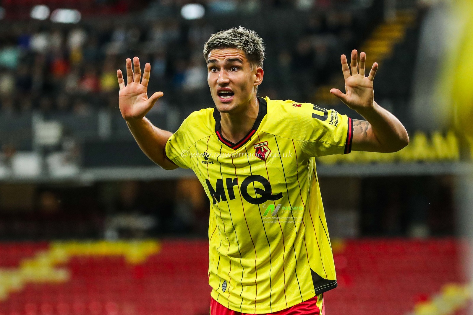 Antonio Tikvic of Watford reacts after a yellow card during the Carabao Cup match Watford vs Plymouth Argyle at Vicarage Road, Watford, United Kingdom, 27th August 2024

(Photo by Izzy Poles/News Images)