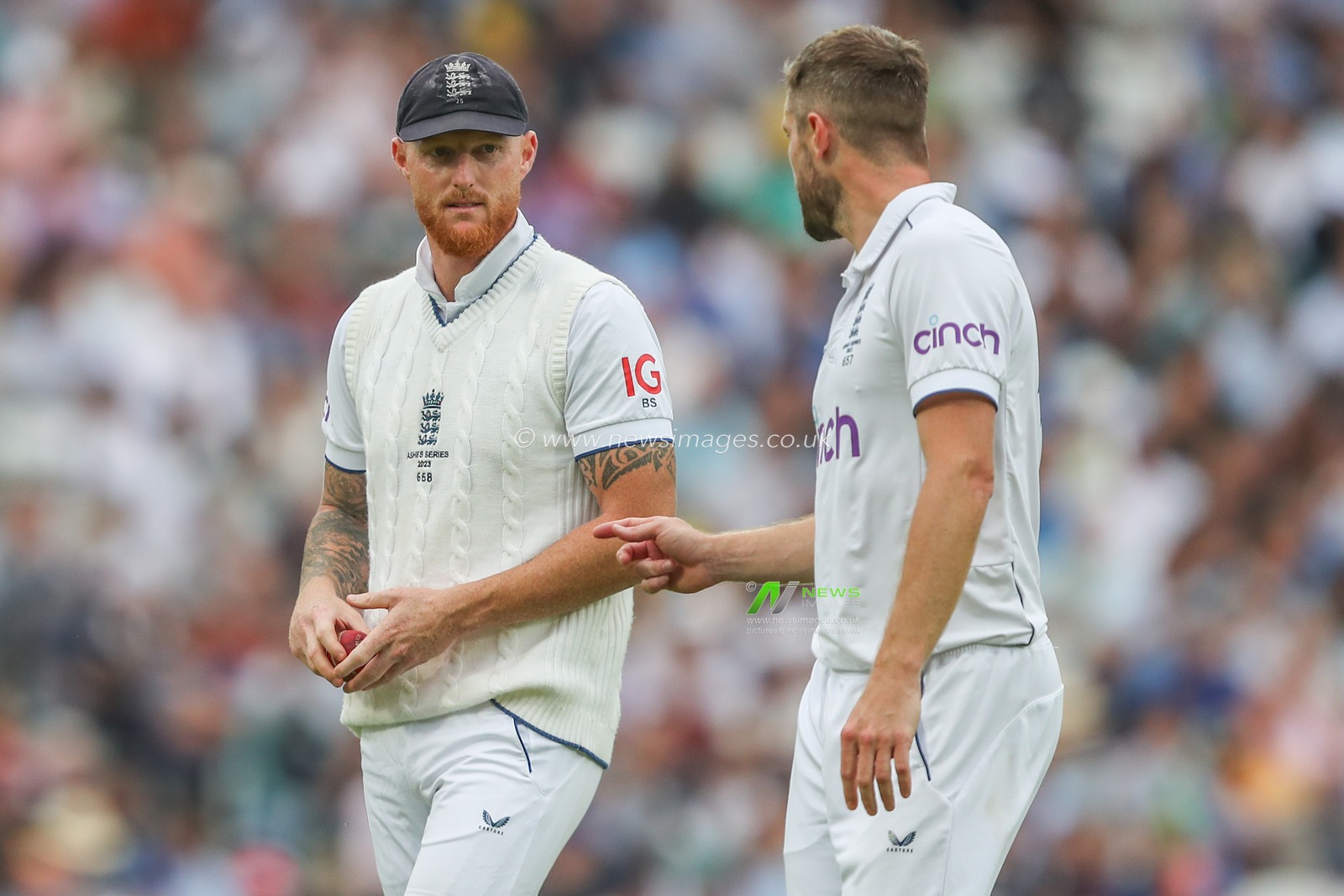 Ben Stokes of England in discussion with Chris Woakes of England during the LV= Insurance Ashes Fifth Test Series Day Two England v Australia at The Kia Oval, London, United Kingdom, 28th July 2023

(Photo by Gareth Evans/News Images)