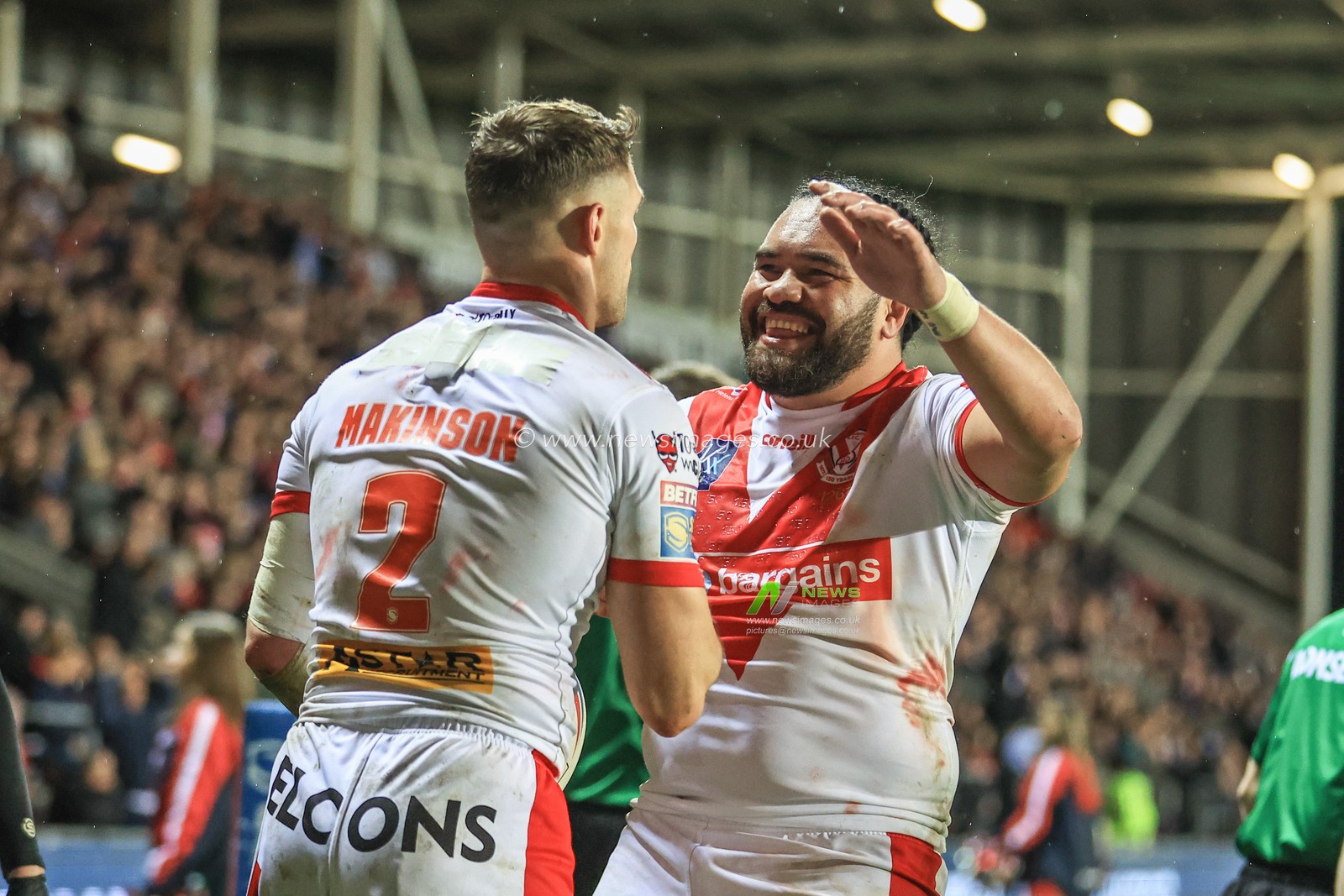 Tommy Makinson #2 of St Helens celebrates their try with Konrad Hurrell #23 of St Helens during the Betfred Super League Round 7 match St Helens vs Wakefield Trinity at Totally Wicked Stadium, St Helens, United Kingdom, 31st March 2023

(Photo by Mark Cosgrove/News Images)