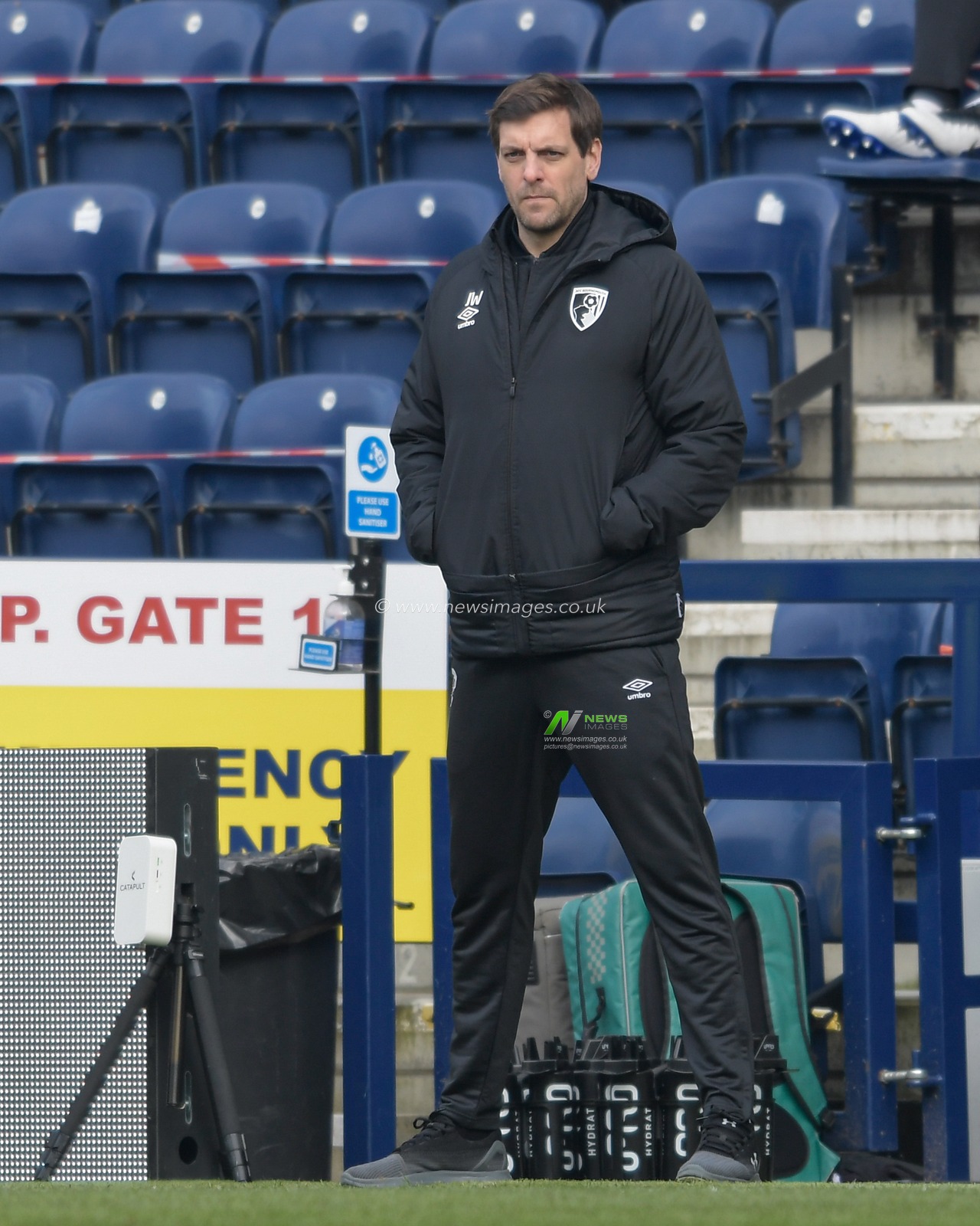 Jonathan Woodgate head coach of Bournemouth watches the game from the technical area