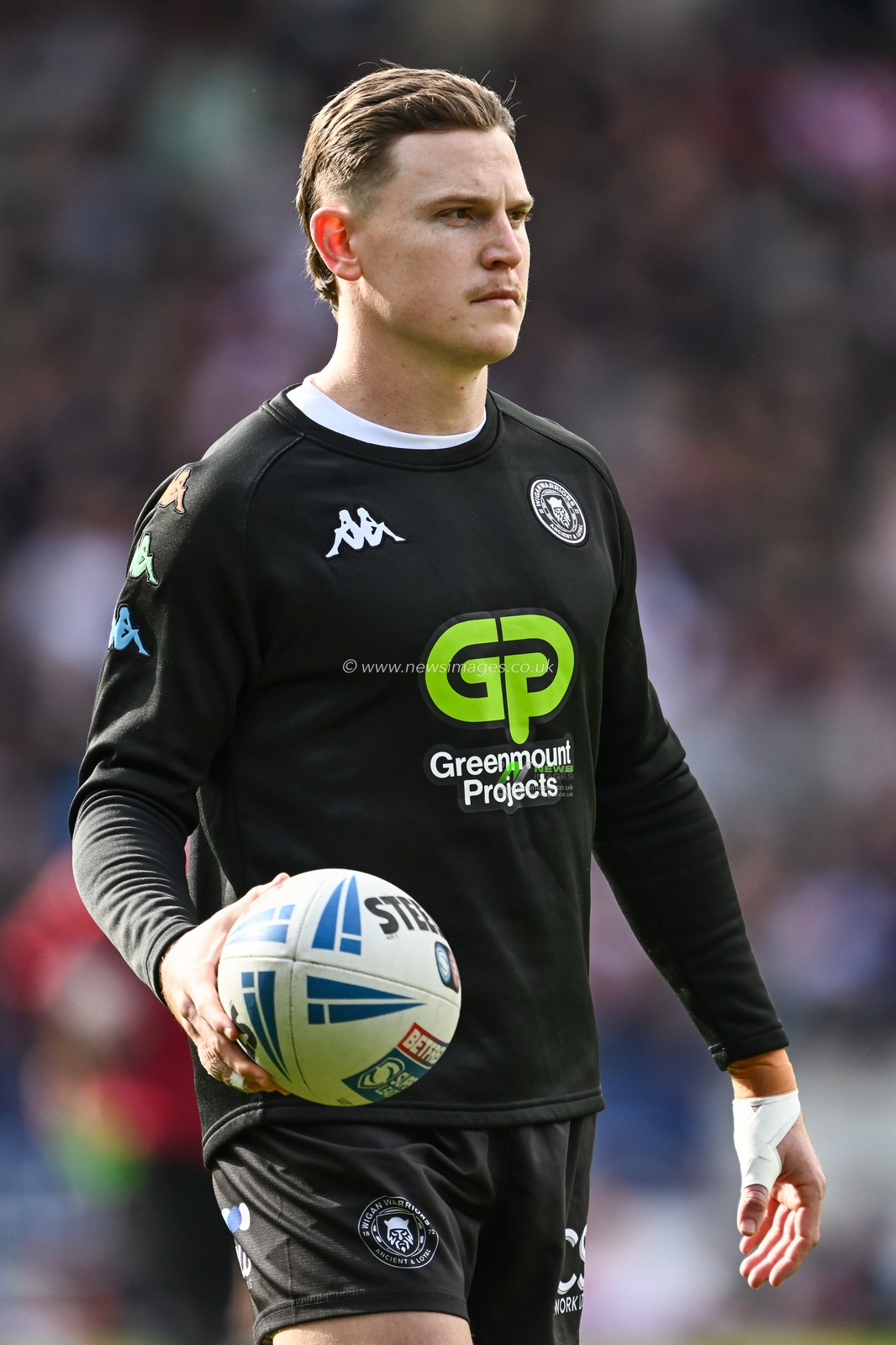 Jai Field of Wigan Warriors during pre match warm up ahead of the Betfred Super League Round 6 match St Helens vs Wigan Warriors at Totally Wicked Stadium, St Helens, United Kingdom, 29th March 2024

(Photo by Craig Thomas/News Images)