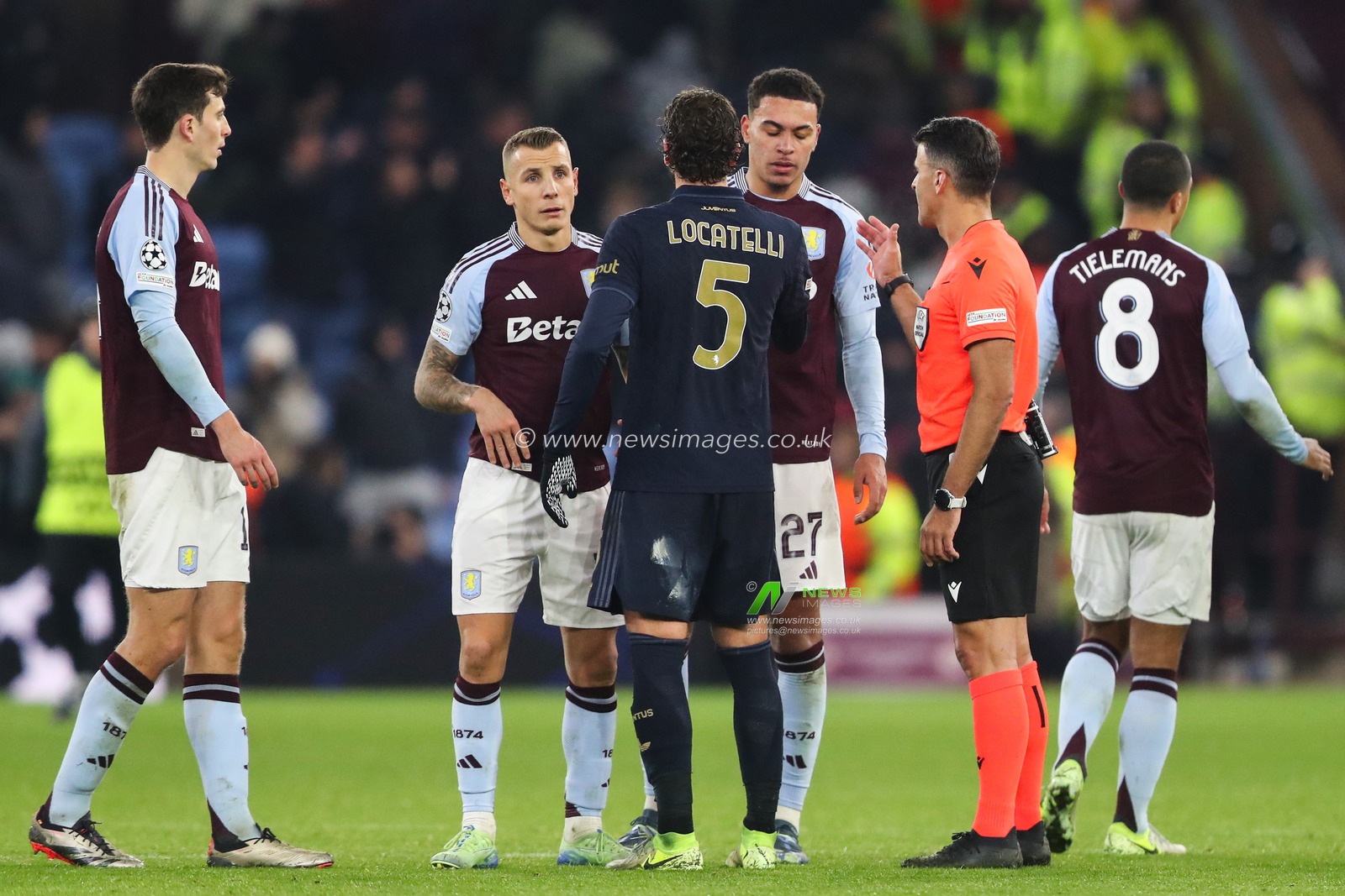 Morgan Rogers of Aston Villa shakes hands with referee JesÃºs Gil Manzano after the UEFA Champions League,League Phase MD5 match Aston Villa vs Juventus at Villa Park, Birmingham, United Kingdom, 27th November 2024

(Photo by Gareth Evans/News Images)