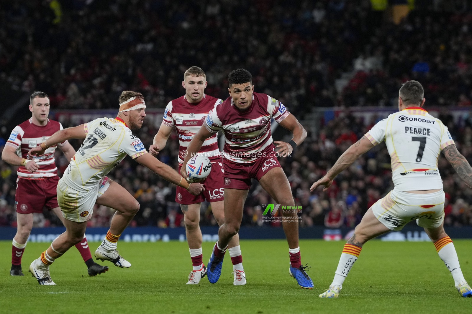 Kai Pearce-Paul #17 of Wigan Warriors makes a break past Paul Seguier #12 of Catalans Dragons during the Betfred Super League Grand Final match Wigan Warriors vs Catalans Dragons at Old Trafford, Manchester, United Kingdom, 14th October 2023

(Photo by Steve Flynn/News Images)