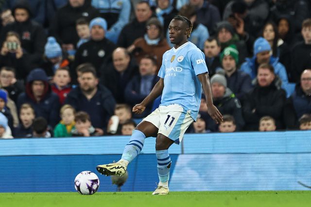 JÃ©rÃ©my Doku of Manchester City passes the ball during the Premier League match Manchester City vs Aston Villa at Etihad Stadium, Manchester, United Kingdom, 3rd April 2024

(Photo by Mark Cosgrove/News Images)