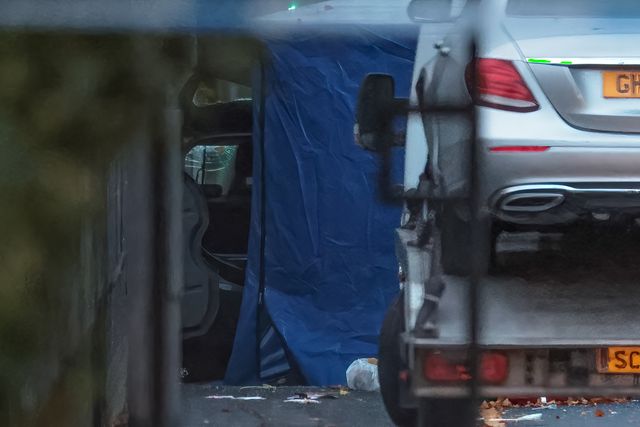 The open boot of a car with smashed windows is covered by a forensic tent during the Manchester synagogue terror attack day 2 at Heaton Park Shul, Manchester, United Kingdom, 3rd October 2025

(Photo by Mark Cosgrove/News Images)