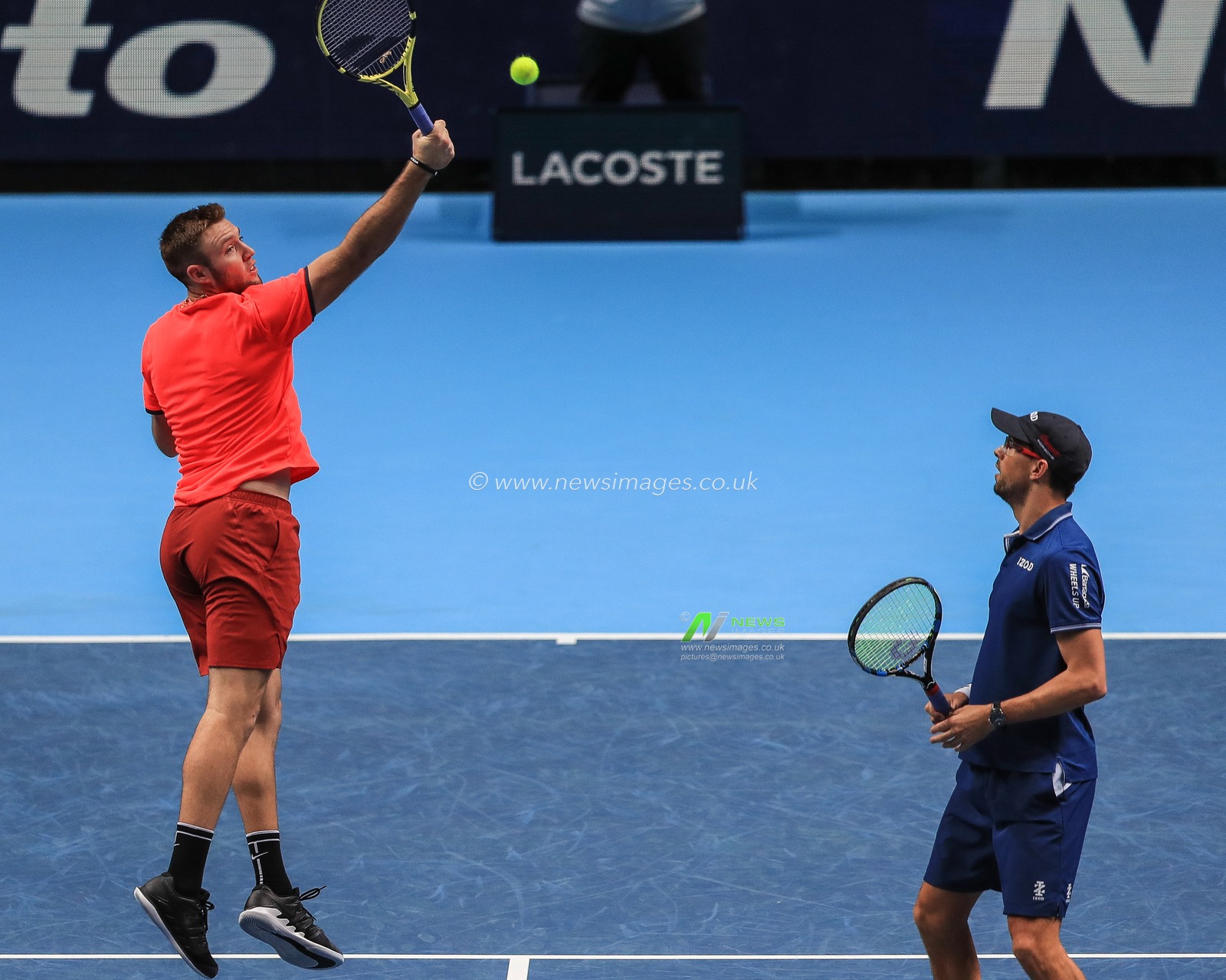 14th November 2018, The O2 , London, England;  Nitto ATP World Tour Finals, Day Four;  Jack Sock of United States partner of Mike Bryan in action during their match against Oliver Marach of Austria and Mate Pavic of Croatia

Credit: Romena Fogliati/News Images
