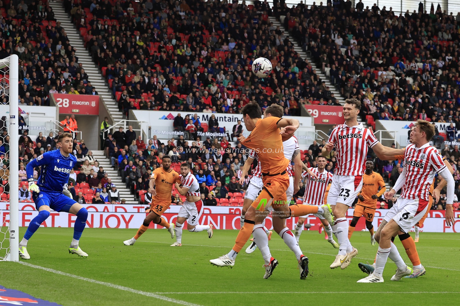 Alfie Jones #5 of Hull City tries to head back a cross during the game during the Sky Bet Championship match Stoke City vs Hull City at Bet365 Stadium, Stoke-on-Trent, United Kingdom, 24th September 2023

(Photo by Conor Molloy/News Images)