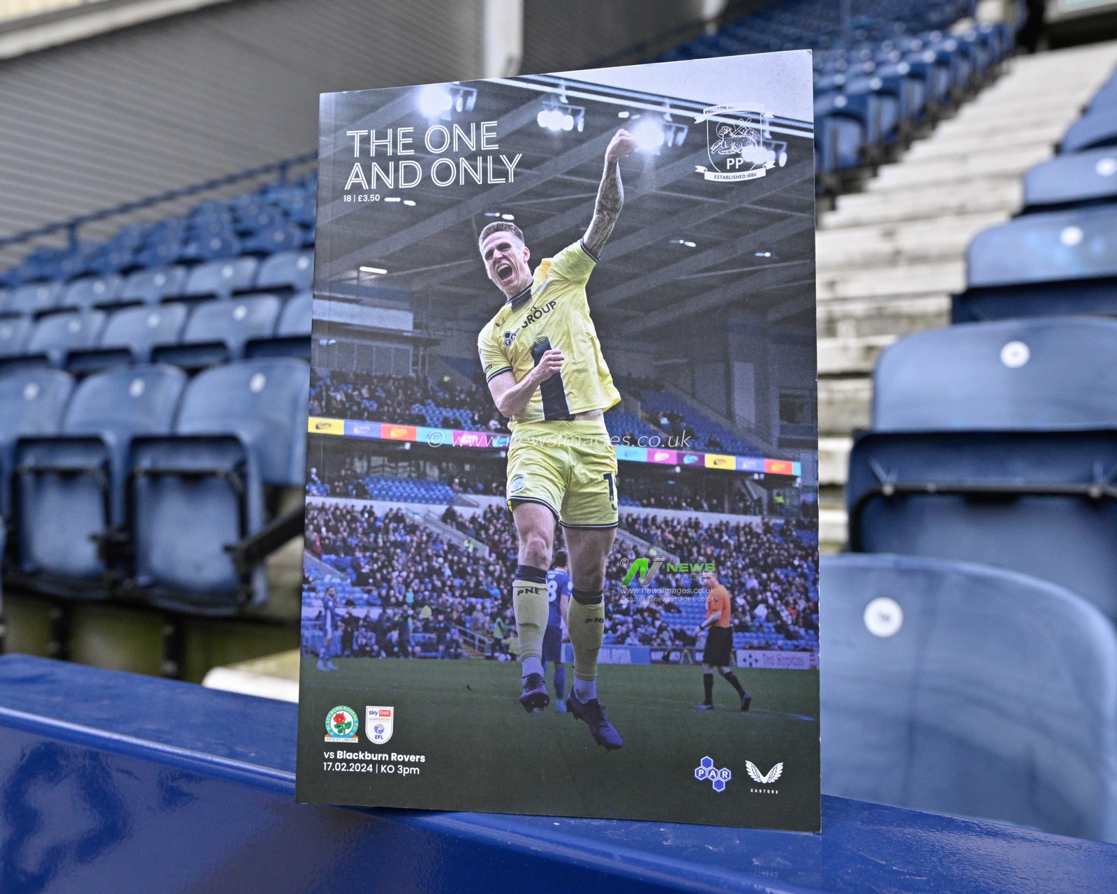 Emil Riis Jakobsen of Preston North End on the cover of the match day program, during the Sky Bet Championship match Preston North End vs Blackburn Rovers at Deepdale, Preston, United Kingdom, 17th February 2024

(Photo by Cody Froggatt/News Images)
