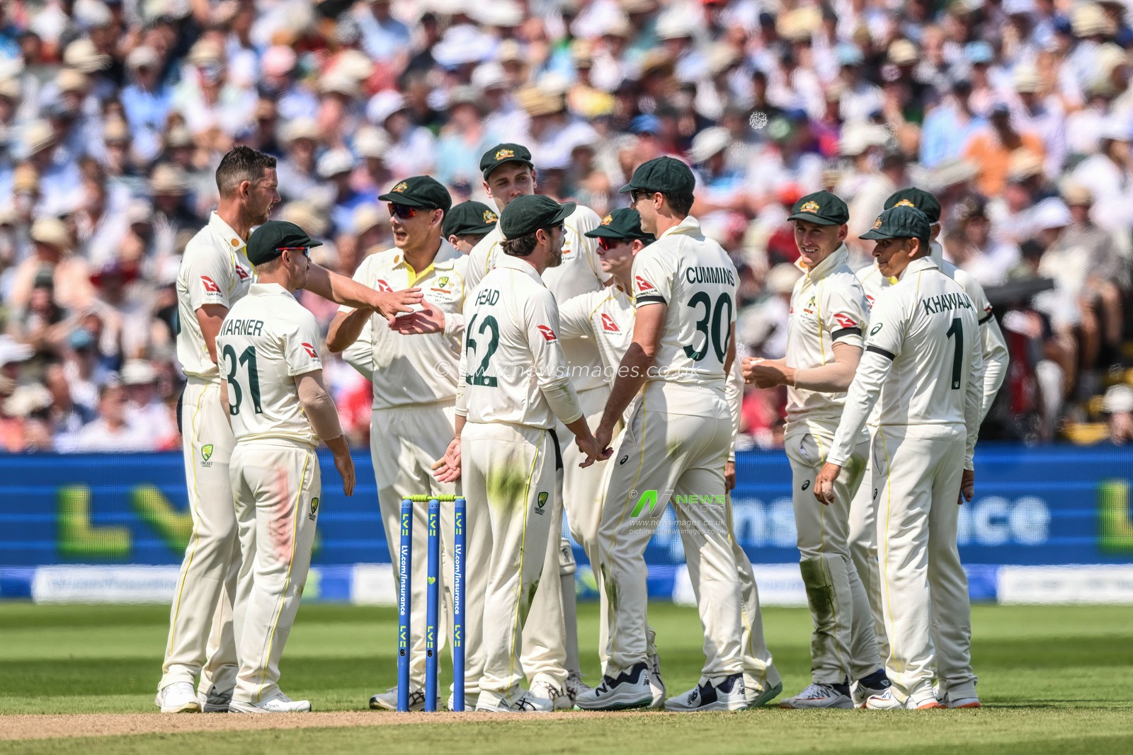 Australia celebrate the wicket of Ben Stokes of England during the LV= Insurance Ashes First Test Series Day 1 England vs Australia at Edgbaston, Birmingham, United Kingdom, 16th June 2023

(Photo by Craig Thomas/News Images)
