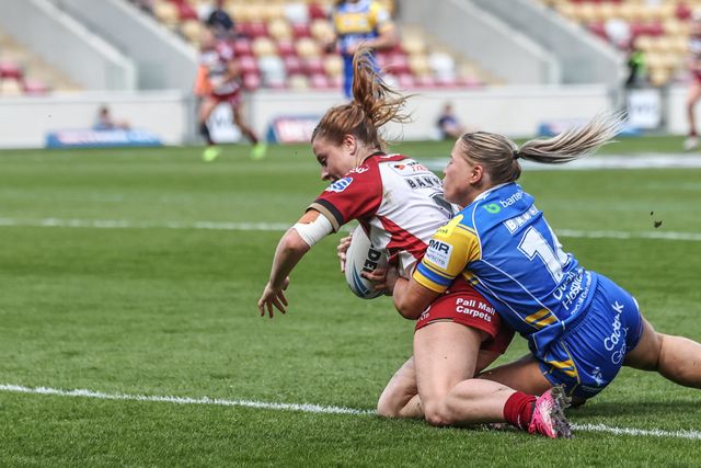 Grace Banks of Wigan Warriors goes over for a try during the Betfred Women's Challenge Cup Cup Semi-final match Leeds Rhinos vs Wigan Warriors at LNER Community Stadium, York, United Kingdom, 10th May 2025

(Photo by Alfie Cosgrove/News Images)