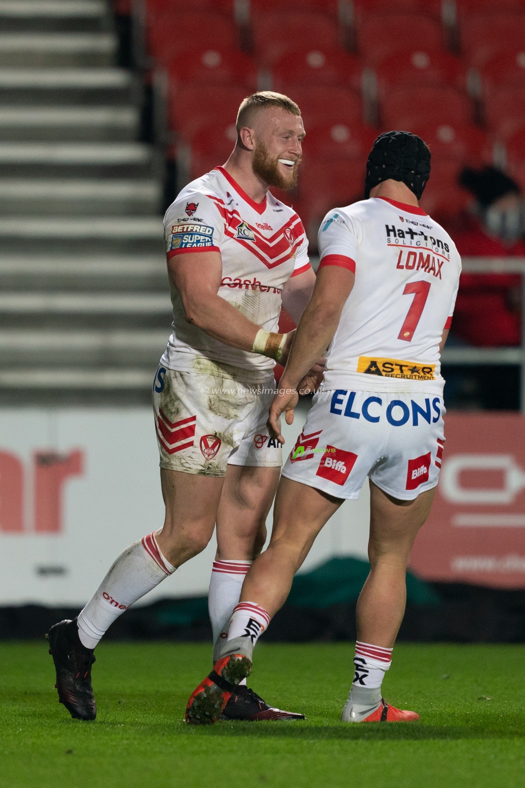 St. Helens's Luke Thompson celebrates scoring a try

29th March 2019 , Totally Wicked Stadium, St Helens, England;  Betfred Super League, Round 8, St Helens vs Hull KR 

Credit: Terry Donnelly/News Images