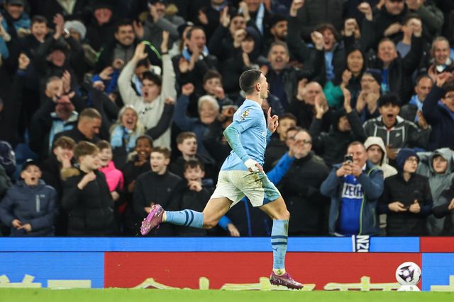 Phil Foden of Manchester City celebrates his goal to make it 4 -1 during the Premier League match Manchester City vs Aston Villa at Etihad Stadium, Manchester, United Kingdom, 3rd April 2024

(Photo by Mark Cosgrove/News Images)
