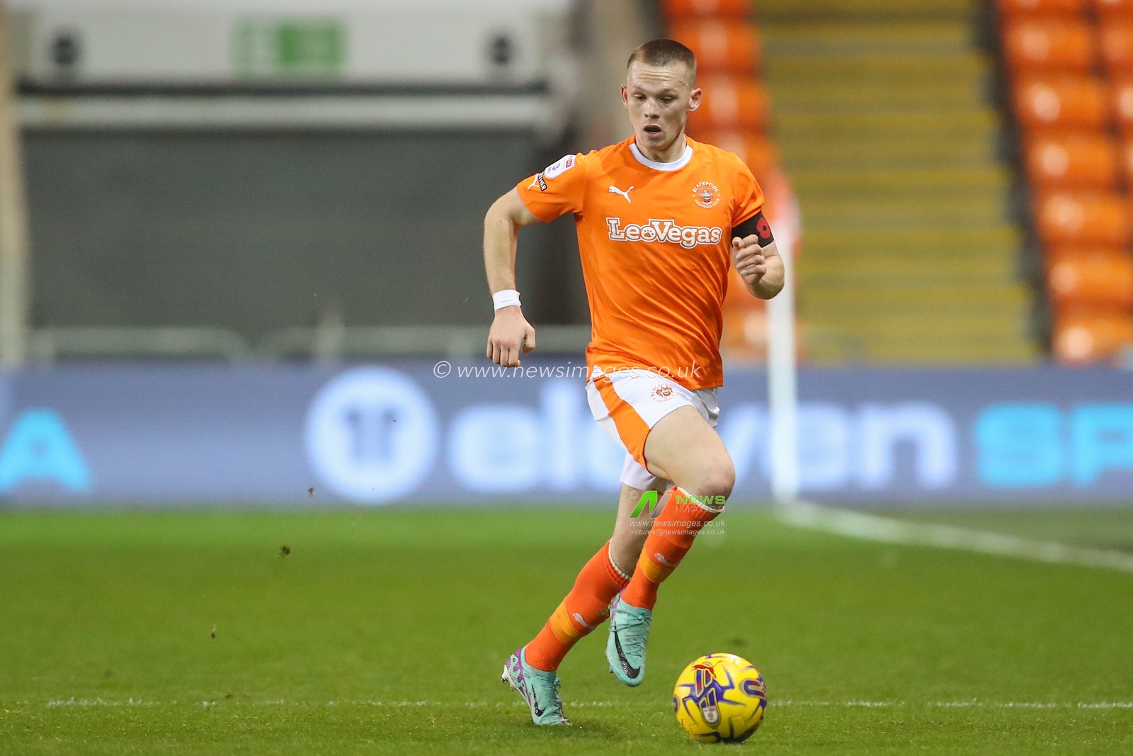 Andy Lyons #24 of Blackpool breaks with the ball during the Bristol Street Motors Trophy match Blackpool vs Morecambe at Bloomfield Road, Blackpool, United Kingdom, 14th November 2023

(Photo by Gareth Evans/News Images)