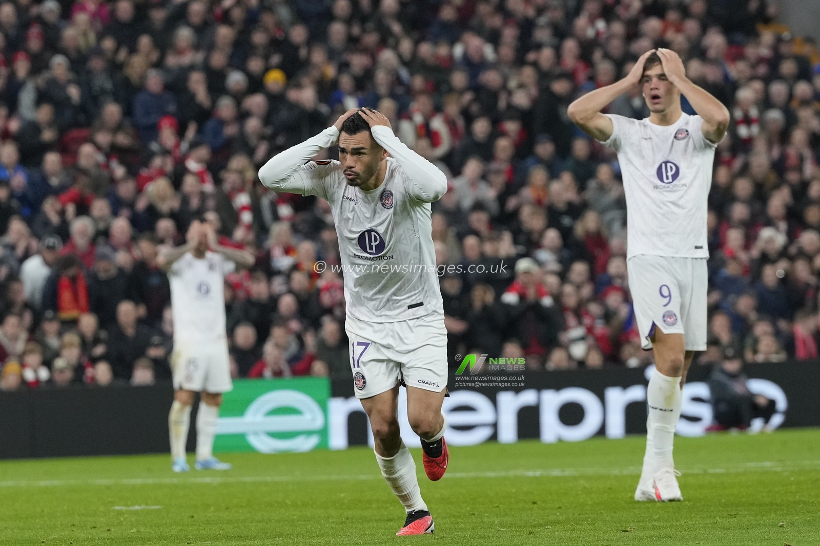 Gabriel Suazo #17 of Toulouse reacts after missing a chance during the UEFA Europa League match Liverpool vs Toulouse at Anfield, Liverpool, United Kingdom, 26th October 2023

(Photo by Steve Flynn/News Images)