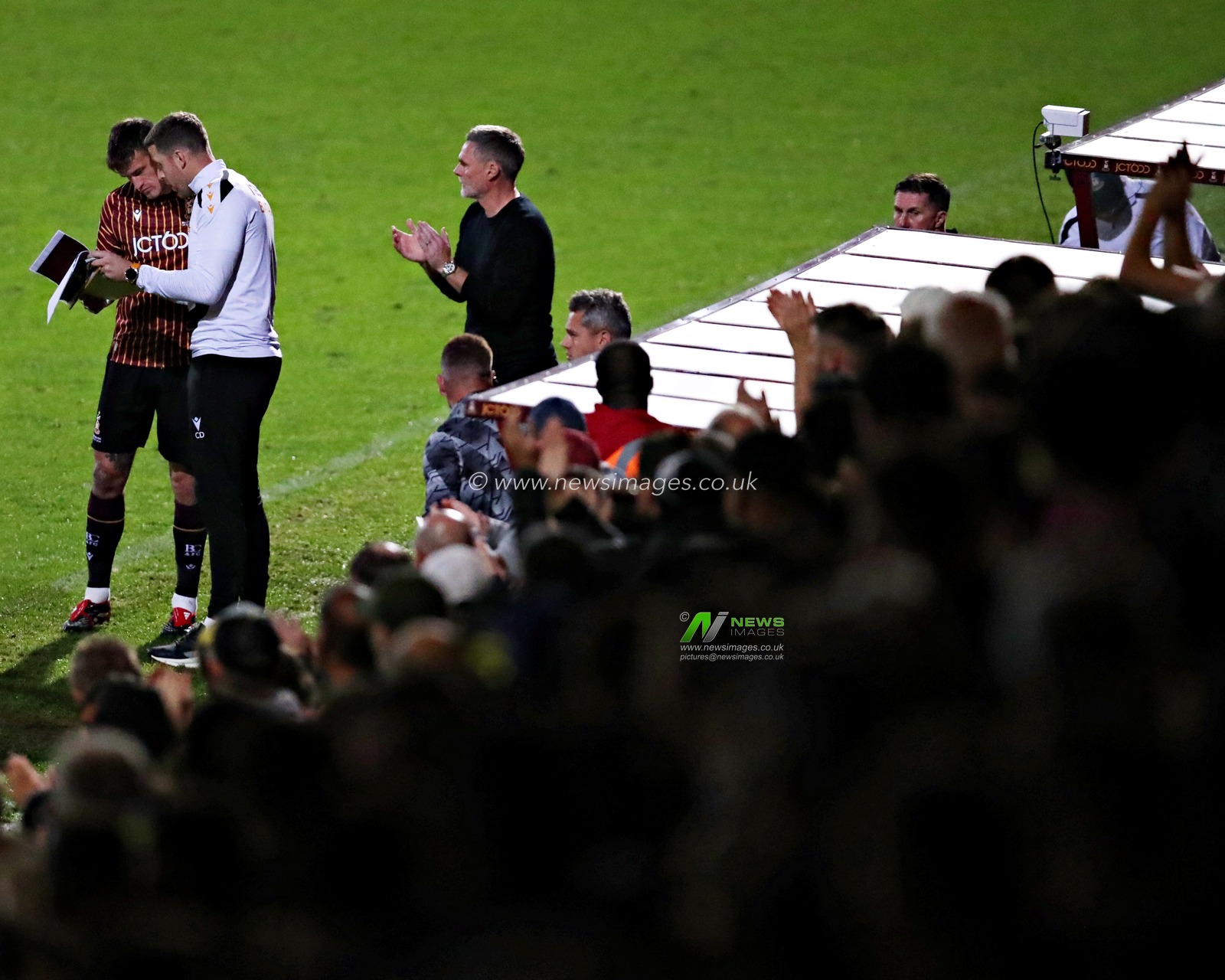 Andy Cook of Bradford City prepares to come onto the pitch during The Vertu Trophy match Bradford City vs Grimsby Town at University of Bradford Stadium, Bradford, United Kingdom, 2nd September 2025(Photo by Sam Eaden/News Images)