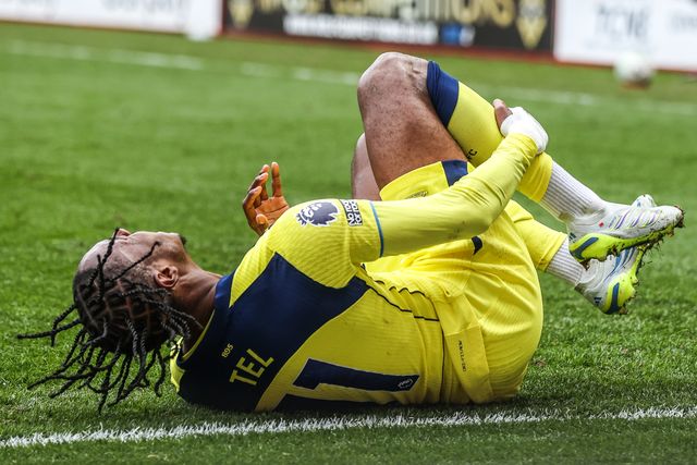 Mathys Tel of Tottenham Hotspur is fouled by Trai Hume of Sunderland during the Premier League match Sunderland vs Tottenham Hotspur at Stadium Of Light, Sunderland, United Kingdom on 12 April 2026

(Photo by Alfie Cosgrove/News Images)