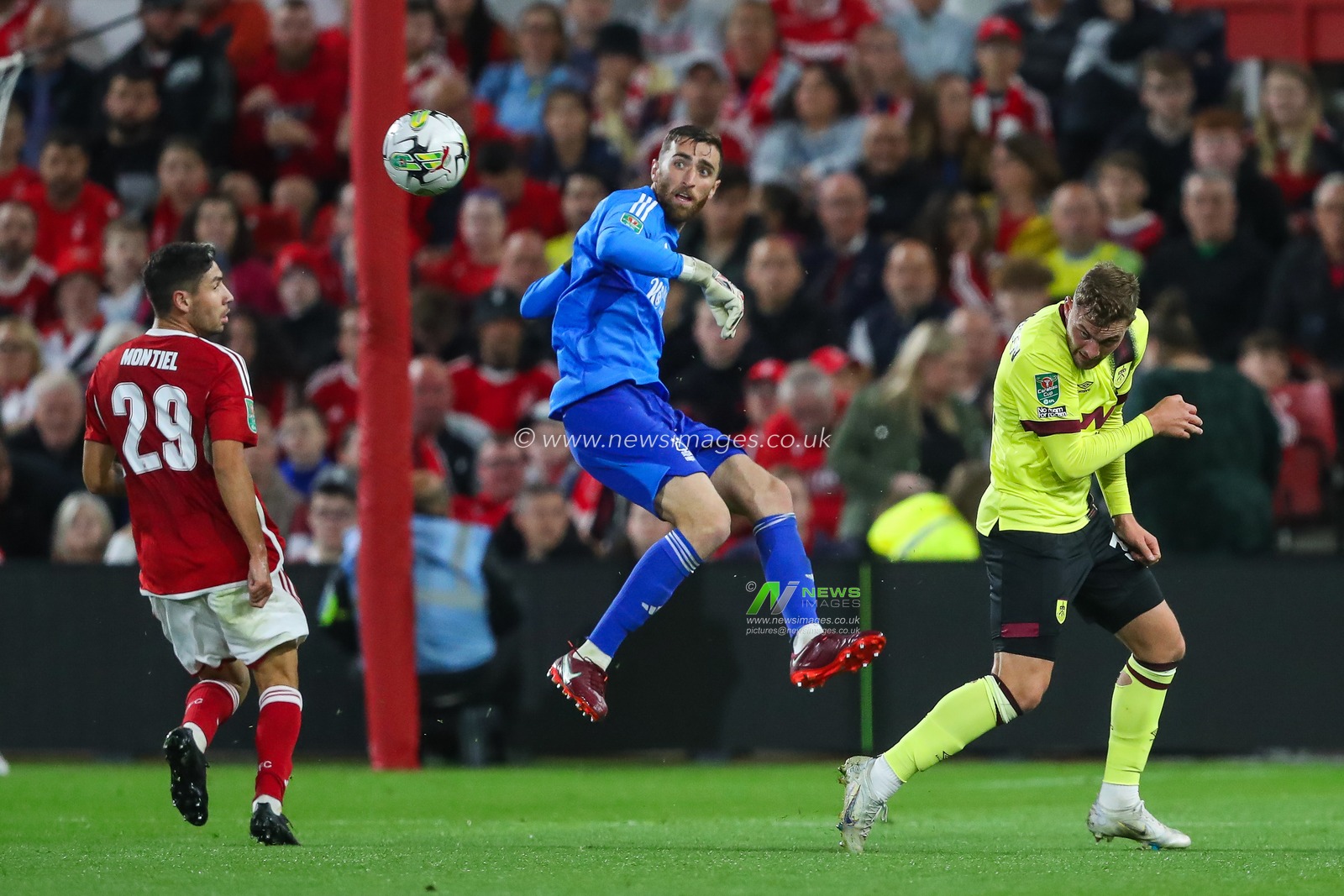 Matt Turner #1 of Nottingham Forest clears the ball during the Carabao Cup match Nottingham Forest vs Burnley at City Ground, Nottingham, United Kingdom, 30th August 2023

(Photo by Gareth Evans/News Images)