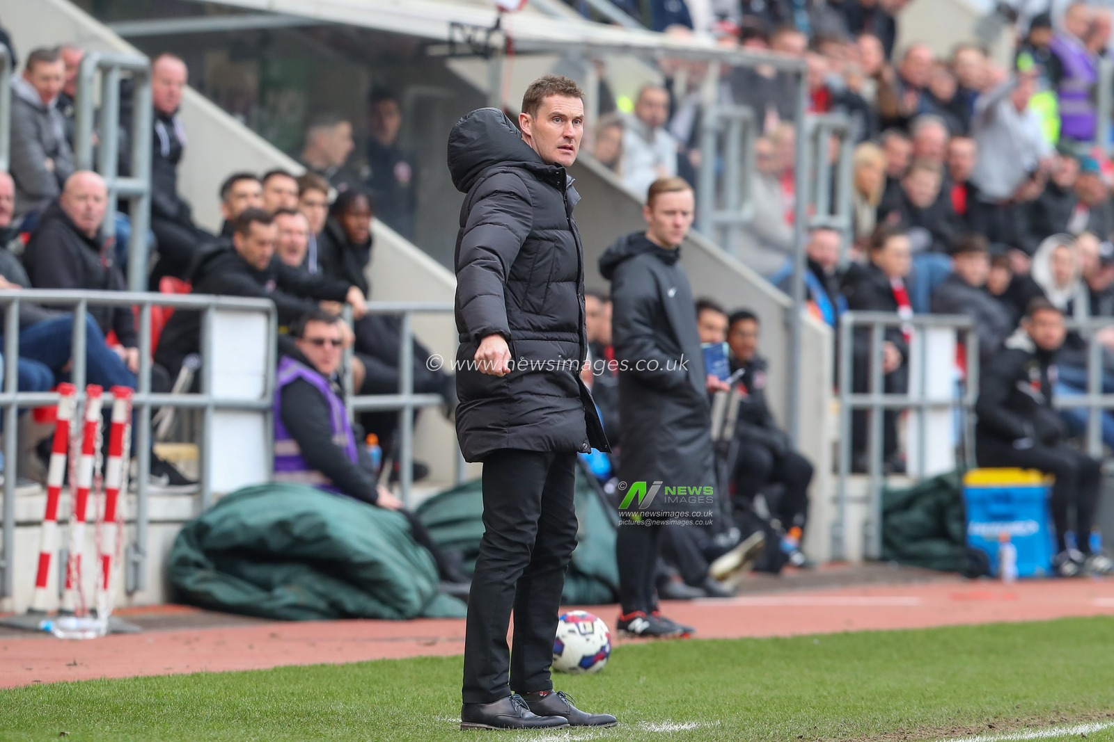 Matt Taylor manager of Rotherham United throws the ball away to prevent Sheffield United taking a quick throw in during the Sky Bet Championship match Rotherham United vs Sheffield United at New York Stadium, Rotherham, United Kingdom, 4th February 2023

(Photo by Gareth Evans/News Images)