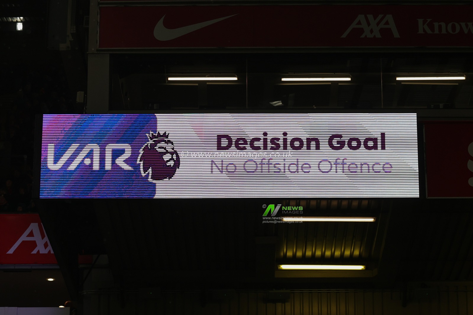 The big screen displays a VAR goal check during the Premier League match Liverpool vs Fulham at Anfield, Liverpool, United Kingdom, 3rd December 2023

(Photo by Mark Cosgrove/News Images)
