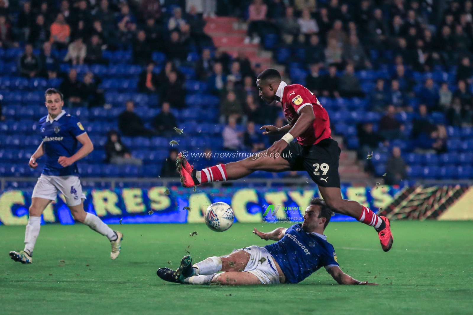 4th September 2018, Boundary Park, Oldham, England: EFL Checkatrade Trophy, Oldham v Barnsley; Victor Adeboyejo (29) of Barnsley shoots on goal and its saved 


EDITORIAL USE ONLY No use with unauthorised audio, video, data, fixture lists, club/league logos or 'live' services. Online in-match use limited to 45 images, no video emulation. No use in betting, games or single club/league/player publications and all English Football League images are subject to DataCo Licence