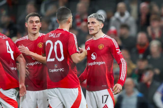 Alejandro Garnacho of Manchester United celebrates his goal to make it 2-0 during the Carabao Cup Last 16 match Manchester United vs Leicester City at Old Trafford, Manchester, United Kingdom, 30th October 2024

(Photo by Gareth Evans/News Images)