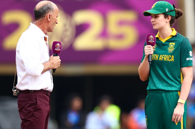 Laura Wolvaardt (Captain) of South Africa won the toss and choose to ball first with Naseer Hussain  during the ICC Women's ODI Cricket World Cup Final 2025 session India Women vs South Africa Women at Dr. D.Y. Patil Sports Academy, Navi Mumbai, India, 2nd November 2025

(Photo by Shubhajit Roy Karmakar/News Images)