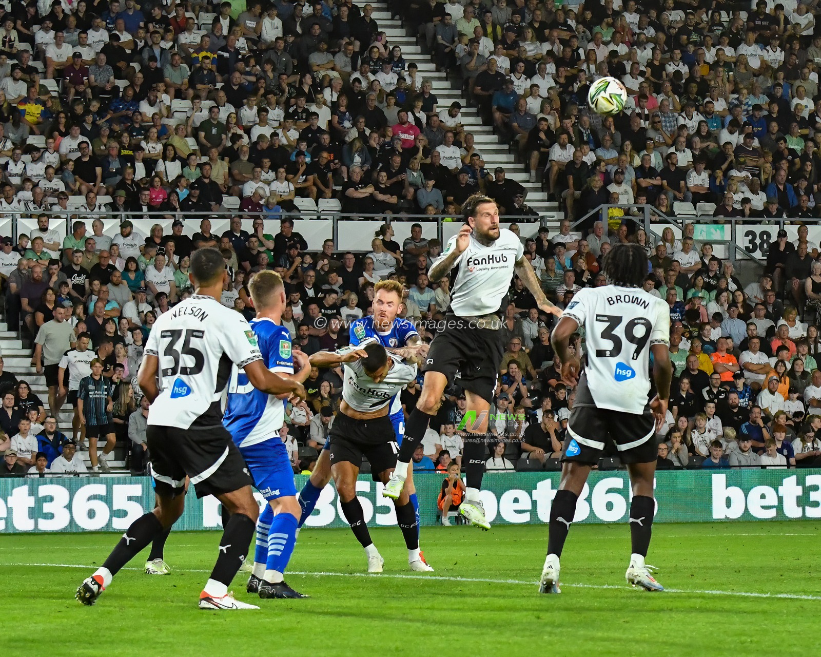 Sonny BRADLEY of Derby County FC jumps up to win the high ball during the Carabao Cup match Derby County vs Chesterfield at Pride Park Stadium, Derby, United Kingdom, 13th August 2024

(Photo by Mark Dunn/News Images)