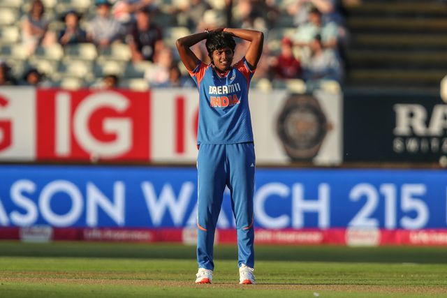 Arundhati Reddy of India reacts during the 5th Vitality IT20 England Women vs India Women at Edgbaston, Birmingham, United Kingdom, 12th July 2025

(Photo by Izzy Poles/News Images)