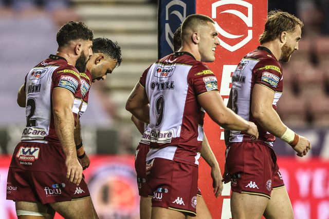 Bevan French of Wigan Warriors celebrates his try making it 4-0 during the Betfred Super League Semi Final 1 match Wigan Warriors vs Leigh Leopards at The Brick Community Stadium, Wigan, United Kingdom, 3rd October 2025

(Photo by Alfie Cosgrove/News Images)