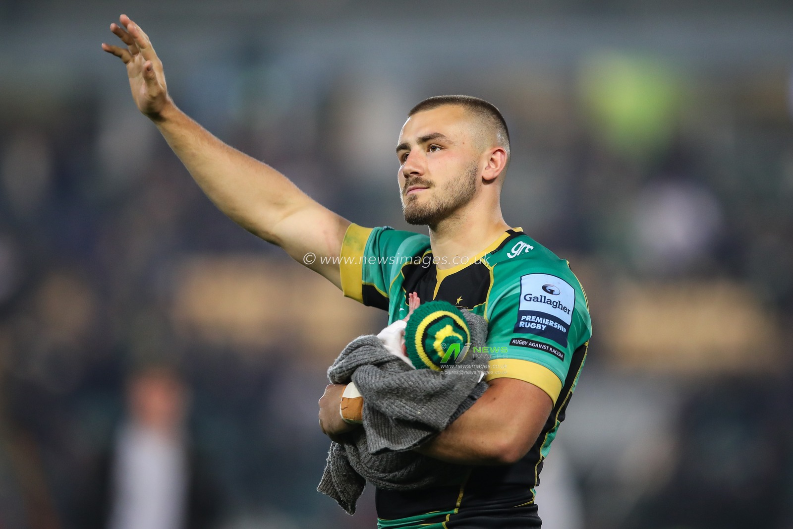 Ollie Sleightholme of Northampton Saints waves to the fans after the Gallagher Premiership Play-off Semi-final match Northampton Saints vs Saracens at Cinch Stadium at Franklin's Gardens, Northampton, United Kingdom, 31st May 2024

(Photo by Gareth Evans/News Images)