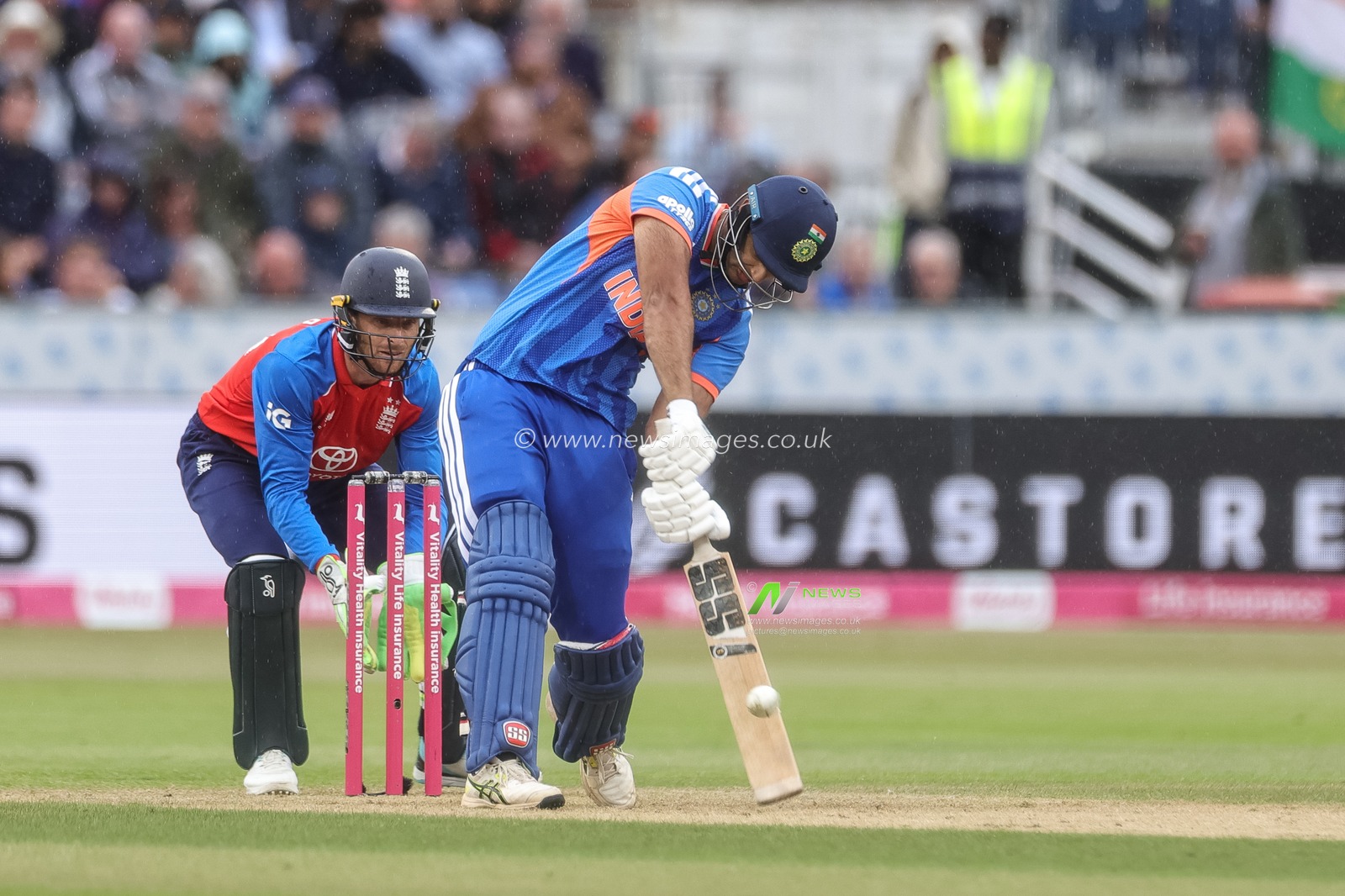 Shivam Dube of India hits a six  during the First Vitality T20 International match England vs India at Banks Homes Riverside Stadium, Chester-le-street, United Kingdom on 01 July 2026

(Photo by Mark Cosgrove/News Images)