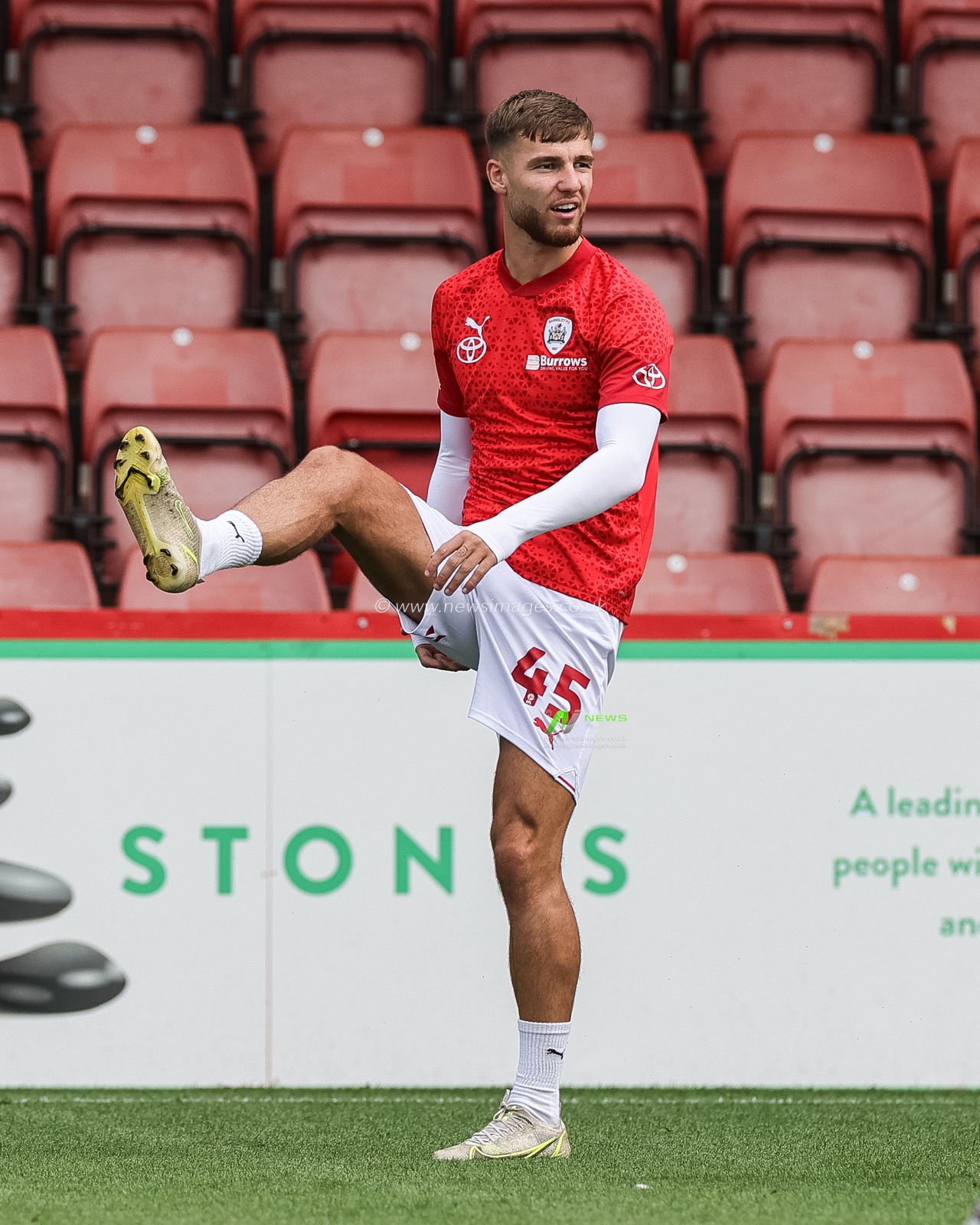 John Mcatee #45 of Barnsley in the pregame warmup session during the Sky Bet League 1 match Cheltenham Town vs Barnsley at The Jonny-Rocks Stadium, Cheltenham, United Kingdom, 2nd September 2023

(Photo by Mark Cosgrove/News Images)