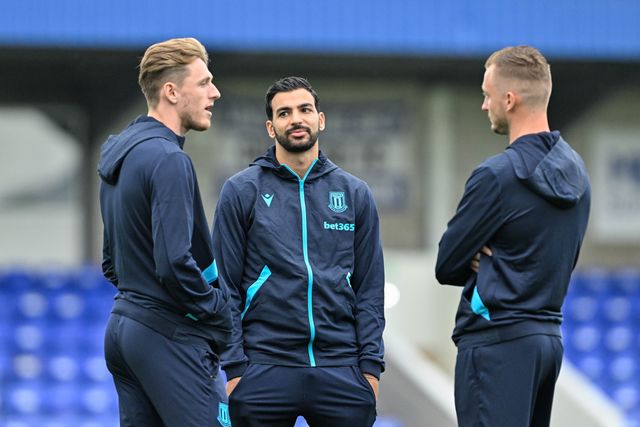 Mehdi LÃ©ris of Stoke City joins his team mates as they inspect the pitch ahead of the Pre-season friendly match Chester vs Stoke City at Deva Stadium, Chester, United Kingdom, 11th July 2024

(Photo by Cody Froggatt/News Images)