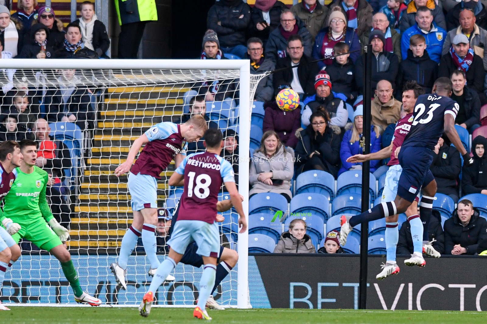 Issa Diop #23 of West Ham United heads the ball towards the goal