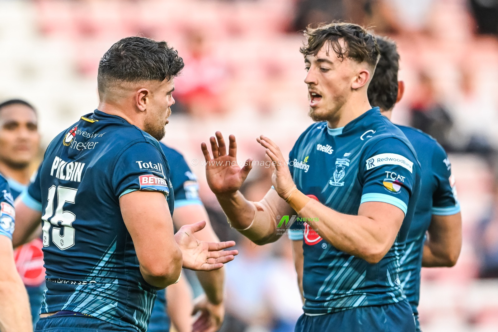 Joe Philbin #15 of Warrington Wolves celebrates his try during the Betfred Super League Round 13 match Leigh Leopards vs Warrington Wolves at Leigh Sports Village, Leigh, United Kingdom, 26th May 2023

(Photo by Craig Thomas/News Images)