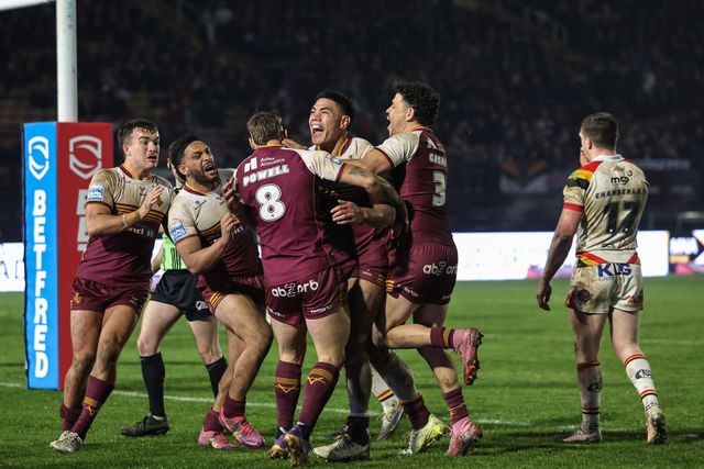 Tristan Powell of Huddersfield Giants celebrates his try with team mates during the Betfred Super League Round 5 match Bradford Bulls vs Huddersfield Giants at Odsal Stadium, Bradford, United Kingdom on 20 March 2026

(Photo by Mark Cosgrove/News Images)